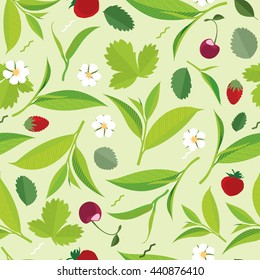 Seamless Green tea leaves pattern, lemon, cherry, flat illustration
