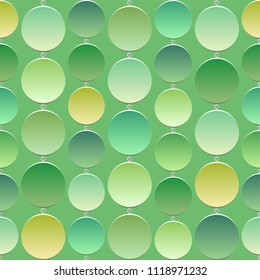 seamless green texture with a bright 3D circles of various light green, emerald, lemon, lime, interconnected rings like curtain