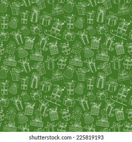 Seamless green texture with cute gift boxes. Can be used for wallpaper, pattern fills, textile, web page background, surface textures. Vector illustration. 