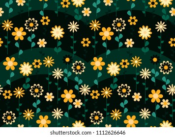 Seamless green texture with flowers in folk style, vector