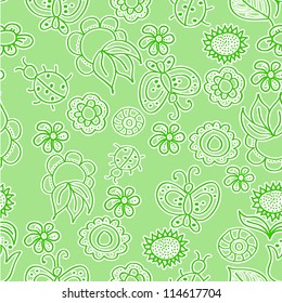 Seamless green texture with flowers and insects