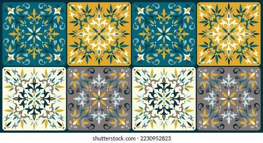 Seamless green tile with Islam, Arabic, Indian, ottoman motifs. Majolica pottery tile. Portuguese and Spain azulejo. Ceramic tile in talavera style. Vector illustration.