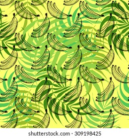 Seamless green tropical background with palm leaves and bananas. vector illustration