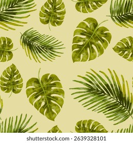 Seamless Green Tropical Leaves Pattern on a Yellow Background