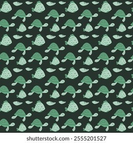 Seamless green turtle and lemon pattern on dark background.