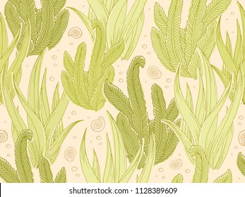 Seamless green underwater vector pattern with repeated sea weeds in coral red palette. Hand drawn river colorful print for textile, paper design, backgrounds. Underwater sketchy ornament