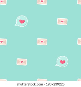 Seamless green vector envelopes pattern. Letters, mail, post with pink hearts background for design, fabric, advertising banner, textile. Concept of love and Valentines day.