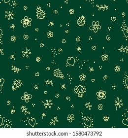 seamless green vector pattern background image hearts and flowers 