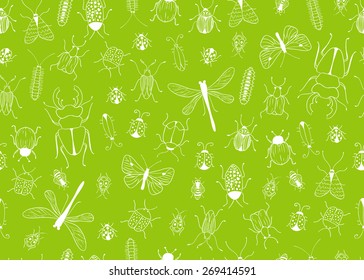 Seamless green vector pattern. Bugs and butterflies. 