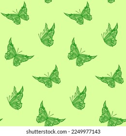 Seamless green vector pattern with flying butterflies, art graphic vector background