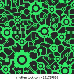 Seamless green vector pattern with tangled technical elements on black