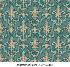 Seamless green vintage baroque pattern. Vector illustration background in ink hand drawn style.