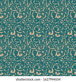 Seamless green vintage baroque pattern. Vector illustration background in ink hand drawn style.