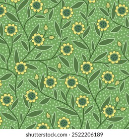 Seamless green vintage pattern with hand-drawn daisy flowers and leaves in folk art style. Traditional old-fashioned print for textiles, wallpapers, and decoration