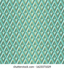 Seamless Green volume 3D background of geometric shapes, rhombus with gold accents. Templates for wallpaper, printing products, interiors, web design, packaging. Vector