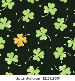 Seamless green watercolor clover pattern. Vector background for Saint Patrick's Day.