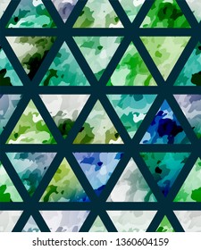 Seamless green watercolor pattern with triangle. Bright cosmos mosaic background