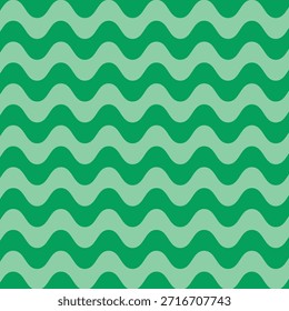 Seamless green wave pattern. Retro abstract geometric background with horizontal wavy stripes. 60s–70s vintage optical art design in light and dark green colors.
