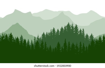 Seamless Green Waving Forest Background Of Mountains Silhouettes. Beautiful Landscape.  Vector Illustration.