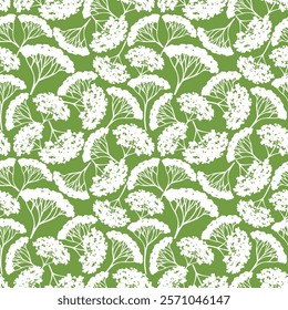 Seamless green and white floral pattern. White wild flowers silhouettes on a green background. Vector floral print. Hand-drawn illustration, not AI