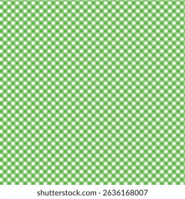 Seamless green and white gingham pattern in diagonal layout, ideal for spring themes, eco-friendly packaging, or rustic fabric visuals.
