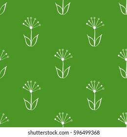 Seamless green and white hand drawn, doodle, floral vector pattern for background, backdrop. Scandinavian, ethnic style for wrapping, textile, print. Flowers and plants illustration eps 10.
