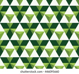 Seamless green and white isometric 3D illusion triangles pattern vector