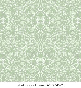 Seamless green and white lace pattern. Contemporary graphic design, seamless line geometric background. Vector stylish endless texture. Tribal ethnic arabic, indian, turkish ornament
