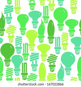 Seamless green and white pattern with energy saving lamps