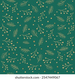Patrón de invierno verde sin fisuras con estrellas, copos de nieve, ramas y abeto. 