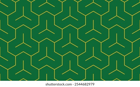 Seamless green and yellow slim tridents outline geometric pattern vector