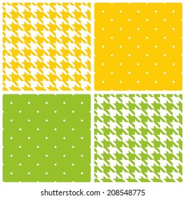 Seamless green, yellow and white vector pattern or tile background set with small polka dots and houndstooth tartan.