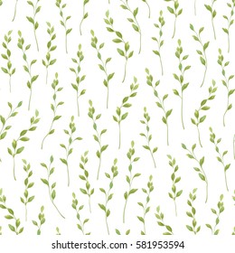 Seamless greenery pattern with green plants on white background. Vector vertical illustration.