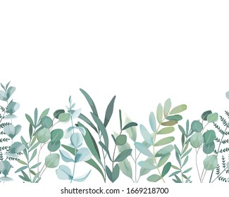 Seamless greenery pattern. Spring border with eucalyptus branch and leaves. Vintage botanical plant