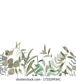 Seamless greenery pattern. Spring border with eucalyptus branch and leaves. Vintage botanical plant