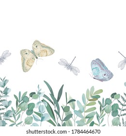 Seamless greenery pattern. Spring border with eucalyptus branch, leaves, butterfly and dragonfly. Vintage botanical plant