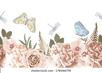 Seamless greenery pattern. Spring border with gold fern branch, orchids, rose, butterfly and dragonfly. Vintage botanical plant for wedding, invitations, wallpaper, greeting cards. Vector illustration
