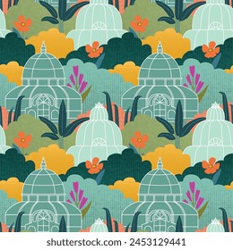 Seamless greenhouse pattern. The pattern is garden, bushes and flowers.