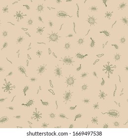 Patrones verdosos de bacterias y virus en un fondo beige. Iconos de contorno de línea delgada dibujados a mano. Ilustración vectorial en estilo doodle