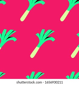 Seamless greens and leaves spring onion hand drawn pattern stock Vector illustration. For trendy fabric design textile wallpaper wrapping paper. Vegetables, trendy modern bright colorful style.