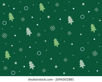 Seamless green-tone pattern of Christmas trees, stars, and snowflakes on dark green background. Great for subtle festive designs, textile prints, or classy digital backgrounds.