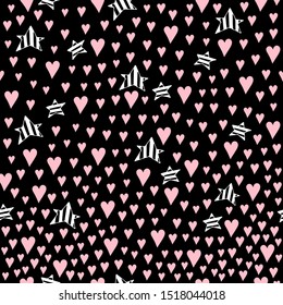 Seamless greeting pattern with cartoon hearts, stars on a neutral dark background. St. Valentine's Day. romantic holiday theme. hand drawing. vector. ornament. Design can use wrappers, prints, fabrics