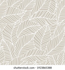 seamless grey abstract background with white leaves drawn by thin lines