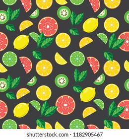 Seamless grey background  with bright fruits. Bright banner for site of healthy diet, vegetarianism