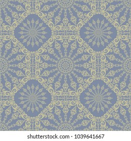 Seamless grey background with olive mandala ornament in the east style. Ideal for printing on fabric or paper for wallpapers, textile, wrapping. Vector illustration.