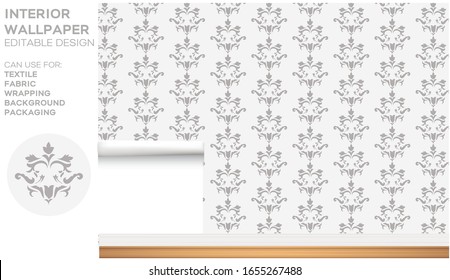 Seamless grey background. Vintage pattern heraldic style. Retro victorian. Ornament in damascus style. Can use for textile, fabric,fashion,wrapping,packaging.