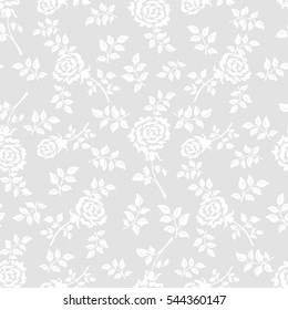 Seamless grey background with white flowers and leaves. Ideal for printing on fabric or paper. Vector illustration. 