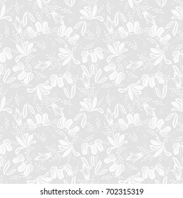 Seamless grey background with white flowers and leaves. Ideal for printing on fabric or paper. Vector illustration.