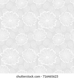 Seamless grey background with white flowers and spirals. Ideal for printing on fabric or paper. Vector illustration.