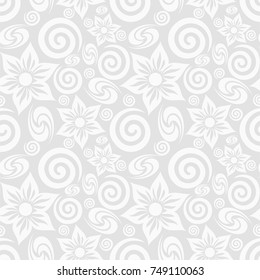 Seamless grey background with  white flowers and spirals. Ideal for printing on fabric or paper. Vector illustration.